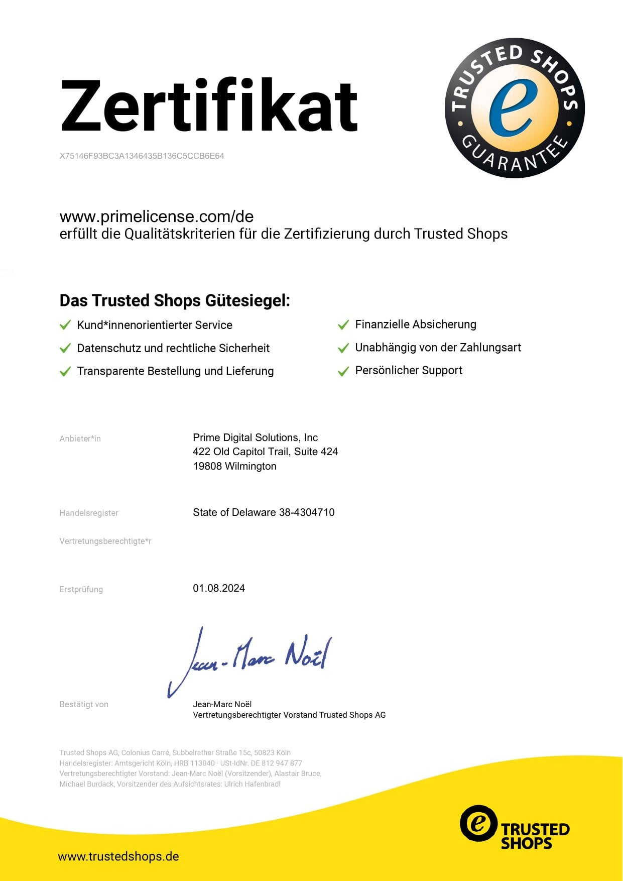 Zertifiziert mit dem Trusted Shops-G&uuml;tesiegel f&uuml;r PrimeLicense